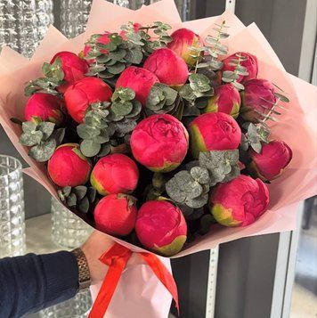 19 Peonies Coral Charm with Eucalyptus